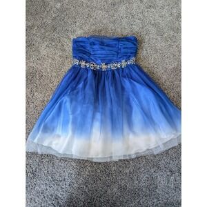 Deb Blue Ombre Strapless Rhinestone Tulle Mini Dress 7/8 Royal White